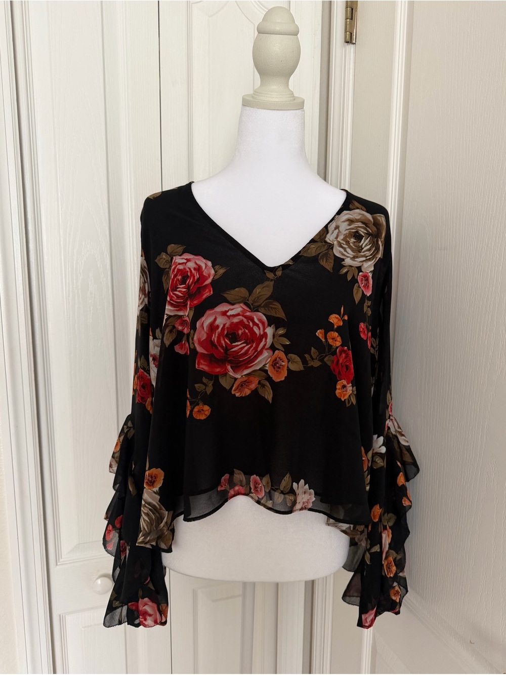Olivaceous Black Blouse with Red and Brown Rose Print